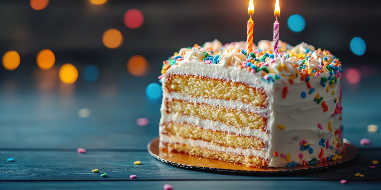 Colorful birthday cake with candles and sprinkles at a festive celebration in a cozy setting